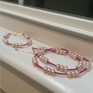 Freshwater Pearl And Gemstone Sterling Silver Necklace And Bracelet Set